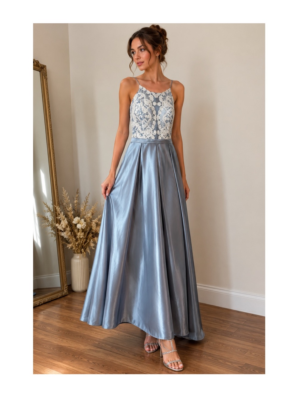JJs House Dusty Blue Lace & Satin Formal Gown Bridesmaid  Prom Dress NWT